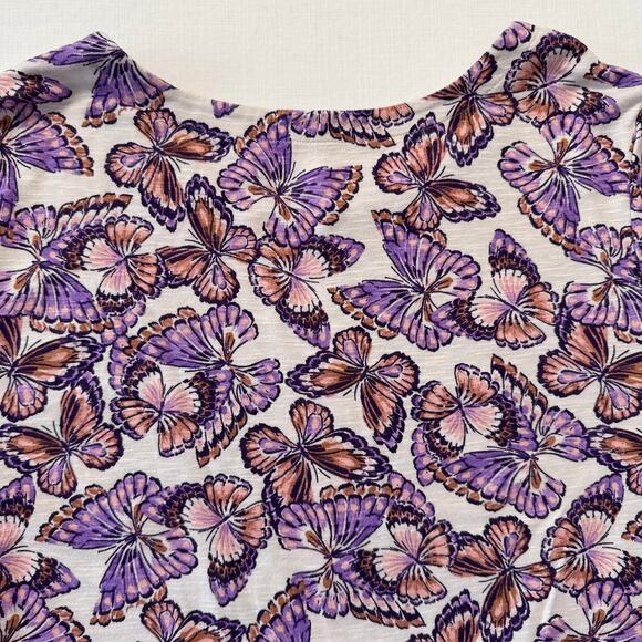 J.Jill Pima Slub Scoop Neck Side Slit Tee Women's Sz XL Purple Pink Butterflies - Picture 6 of 12